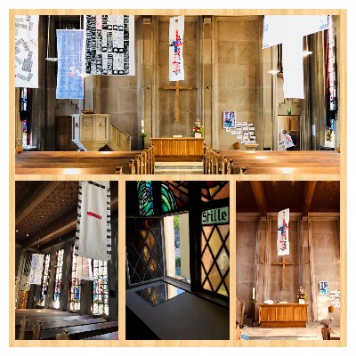 2018 ICH BIN - Die Installation läuft auf ein luftig-leichtes Kreuzbild zu, das im Altarraum schwebt. So erscheint das Geschehen von Sterben, Tod und Auferstehung Jesu Christi wahrhaftig als 