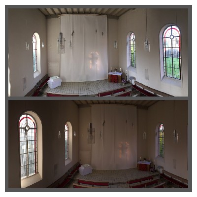 2017 ES WERDE LICHT, Ev. Kirche Ratingen-Lintorf - Die rückwärtigen Kirchenfenster reflektieren durch die Morgensonne auf dem Papier. - Ausgangspunkt und Anlässe sind zum einen das 150-jährige Jubiläum der Lintorfer Kirche und zum anderen das Reformationsprojekt 
